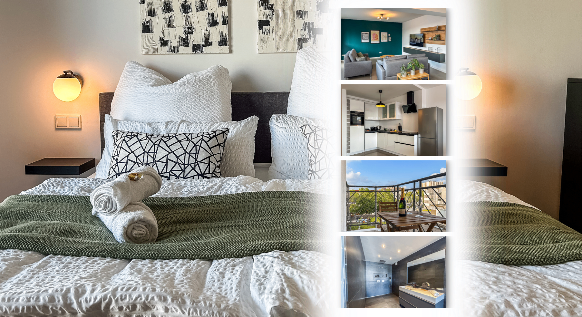ツJUHU Apartment in Bochum — Schlafzimmer, Wohnbereich, Küche, Balkon und Bad